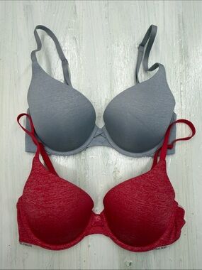Victoria's Secret Uplift Demi Padded Perfect Coverage Bras Heather Gray&Red 32D